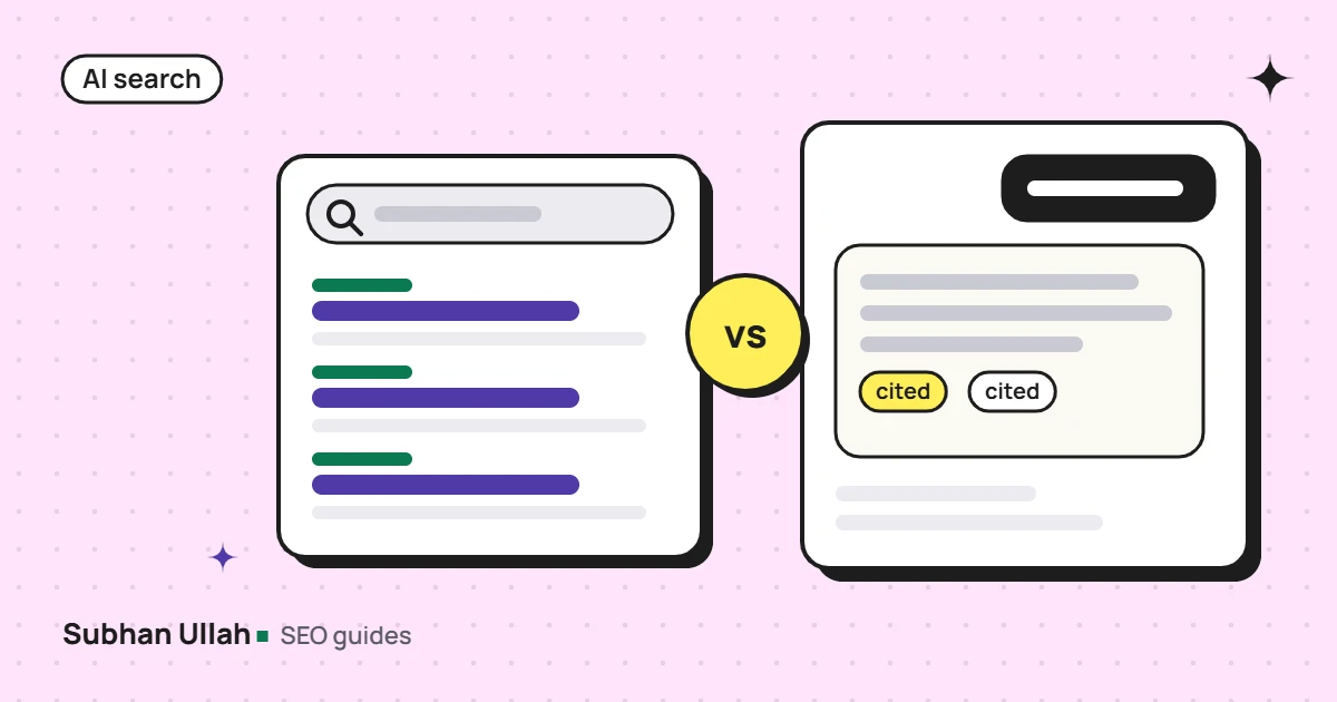 Illustration comparing a search results page with an AI answer that cites sources