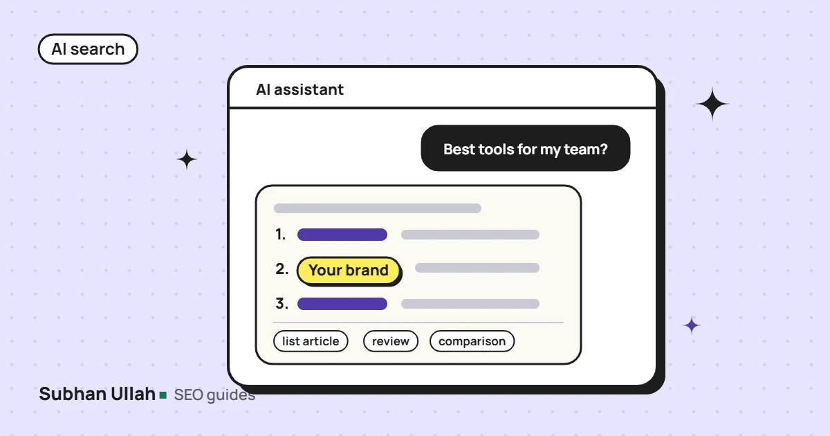 Illustration of an AI assistant answer listing tools, with your brand highlighted