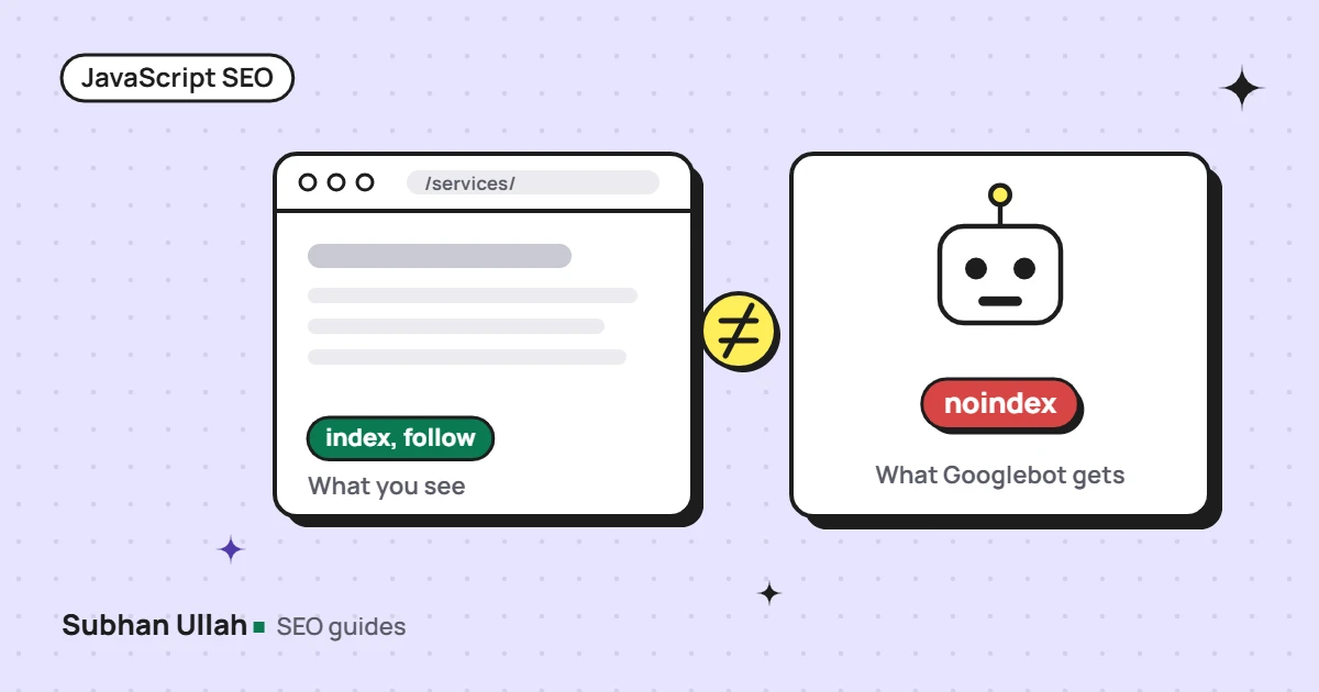 Illustration of a browser showing index, follow while Googlebot receives noindex for the same page