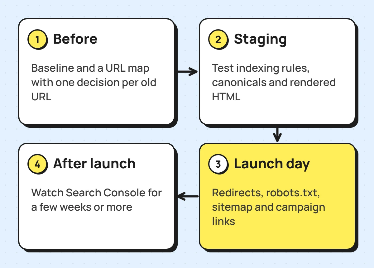 The four stages of an SEO migration: before, staging, launch day and after launch